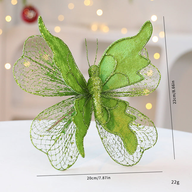 Green Large Glitter Butterfly Christmas Ornaments (Set of 2)