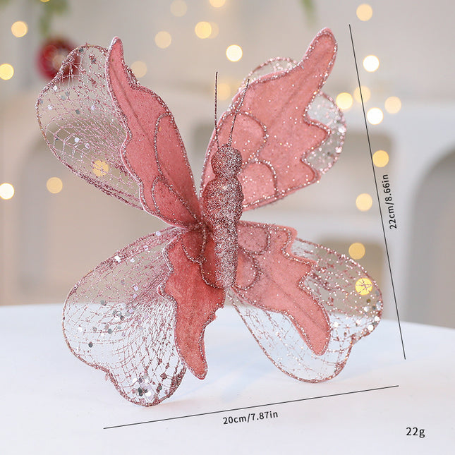 Rose Gold Large Glitter Butterfly Christmas Ornaments (Set of 2)