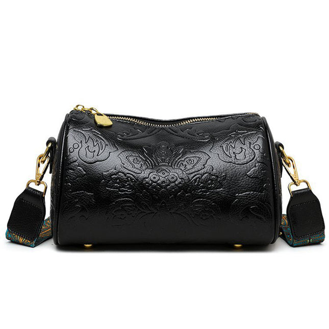 Black Vintage Embossed Crossbody Barrel Bag with Wide Adjustable Guitar Strap V888-ELOSUNG33960