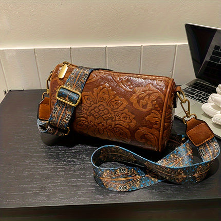 Red Vintage Embossed Crossbody Barrel Bag with Wide Adjustable Guitar Strap