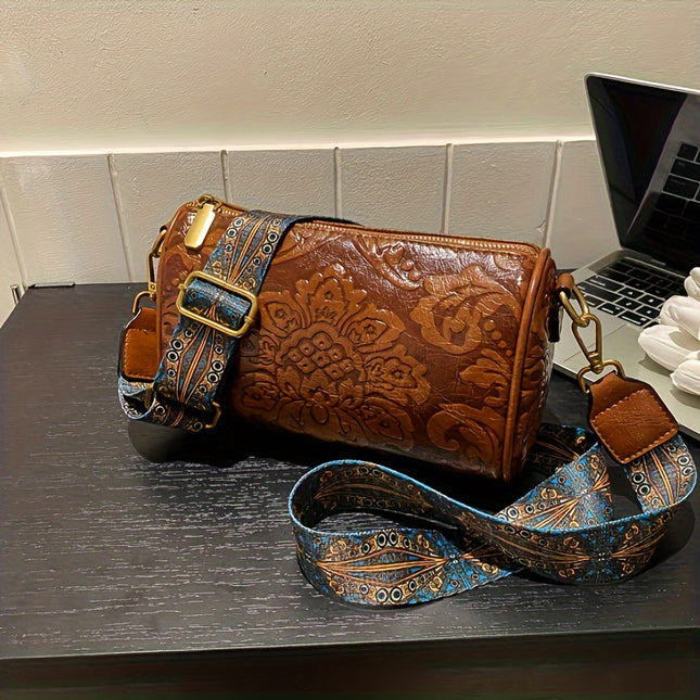 Red Vintage Embossed Crossbody Barrel Bag with Wide Adjustable Guitar Strap – product detail