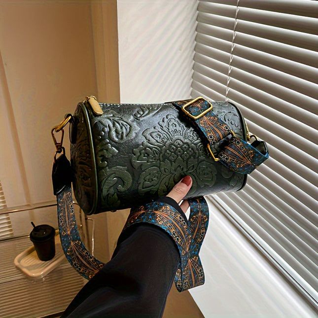 Green Vintage Embossed Crossbody Barrel Bag with Wide Adjustable Guitar Strap V888-ELOSUNG33962