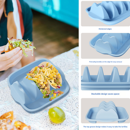 Light Blue Silicone Taco Holder Tray - Creative Non-Slip Corn Taco Serving Rack with 4 Compartments