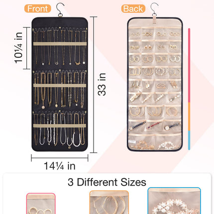 Black Hanging Jewelry Organizer - Closet Storage for Necklaces, Earrings, and Rings with Clear Pockets(14*33inch)