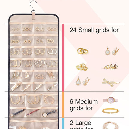Black Hanging Jewelry Organizer - Closet Storage for Necklaces, Earrings, and Rings with Clear Pockets(14*33inch)