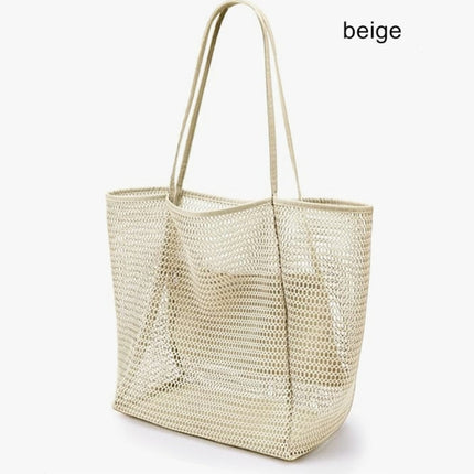 Beige Large Mesh Beach Tote Bag
