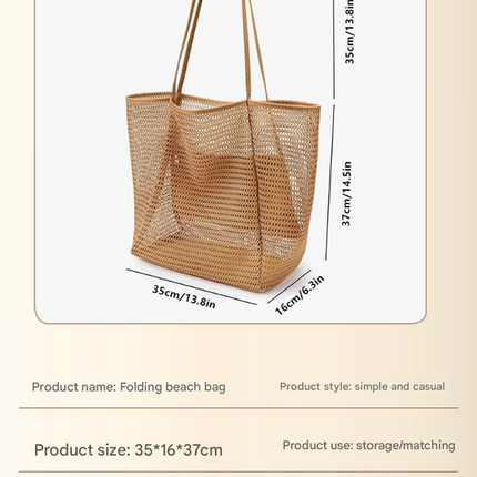 Khaki Large Mesh Beach Tote Bag - Lightweight & Foldable Shoulder Bag with Secure Zipper Pocket