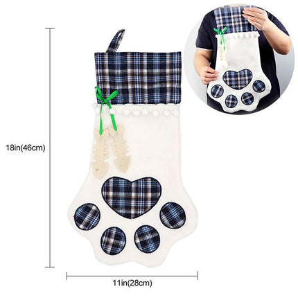Blue Large Plaid Dog Paw Christmas Stocking - Festive Fireplace Decor for Pet Lovers