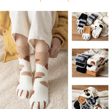 3-piece Black Cute Cat Paw Fuzzy Socks for Women - Plush Thermal Slipper Socks for Home & Lounging