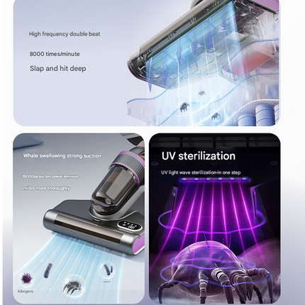 White Advanced Cordless UV-C Dust Mite Vacuum - Handheld Cleaner with Hot Air, Pulsating Pads & LED Display