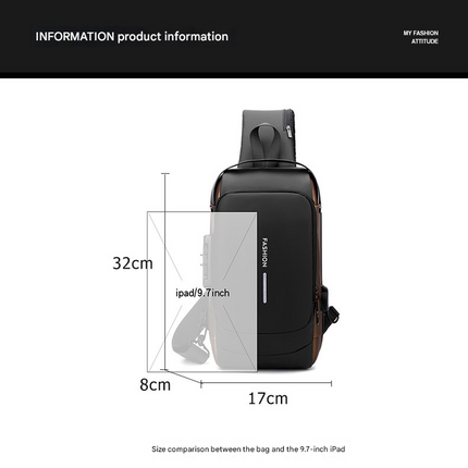 Black Gold Modern Anti-Theft Sling Bag for Men - Crossbody Backpack with USB Port & Combination Lock