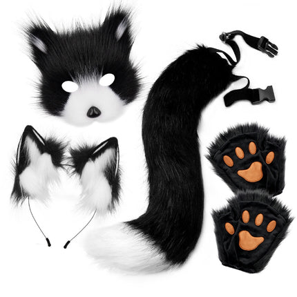Black and white Halloween Furry Fox Costume Set - Plush Mask, Ears Headband, Tail, and Paws for Cosplay