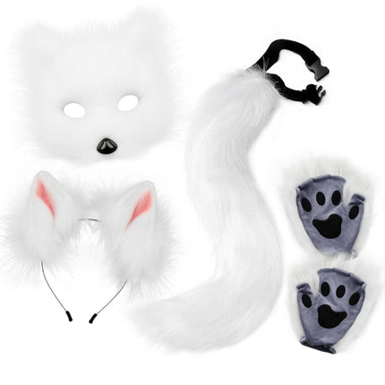 White Halloween Furry Fox Costume Set - Plush Mask, Ears Headband, Tail, and Paws for Cosplay