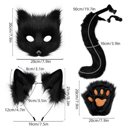 Dark grey Halloween Furry Fox Costume Set - Plush Mask, Ears Headband, Tail, and Paws for Cosplay