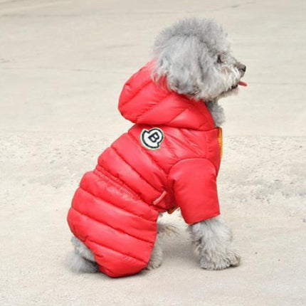 Red Warm Puffer Dog Coat - Waterproof Four-Legged Winter Jumpsuit for Small Dogs