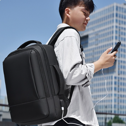 Black Expandable Business Laptop Backpack with USB Charging Port - Large Capacity Work & Travel Bag for 15.6 Inch Laptops