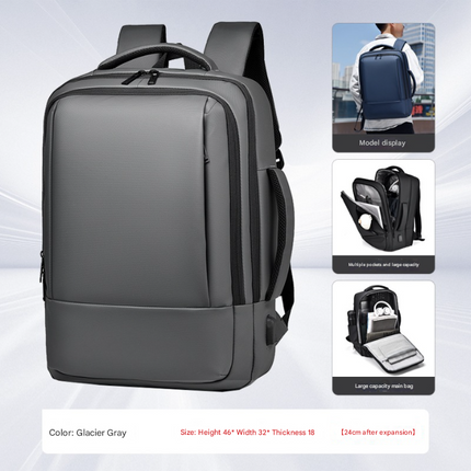 Grey Expandable Business Laptop Backpack with USB Charging Port - Large Capacity Work & Travel Bag for 15.6 Inch Laptops