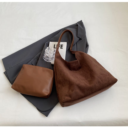 Wine red Chic Faux Suede Tote Bag with Matching Pouch | Large Capacity Slouchy Shoulder Bag