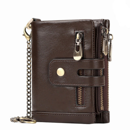 Coffee Genuine Leather Men's RFID Blocking Wallet - High Capacity Trifold with Zipper Coin Pocket
