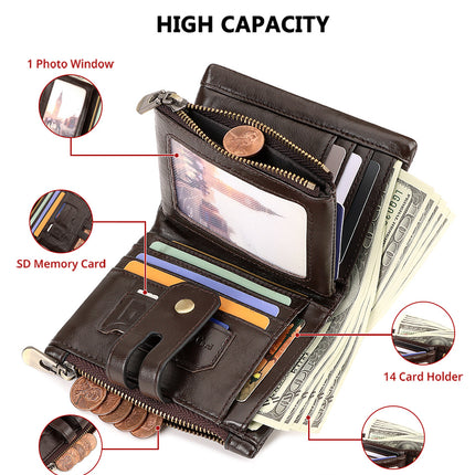 Coffee Genuine Leather Men's RFID Blocking Wallet - High Capacity Trifold with Zipper Coin Pocket