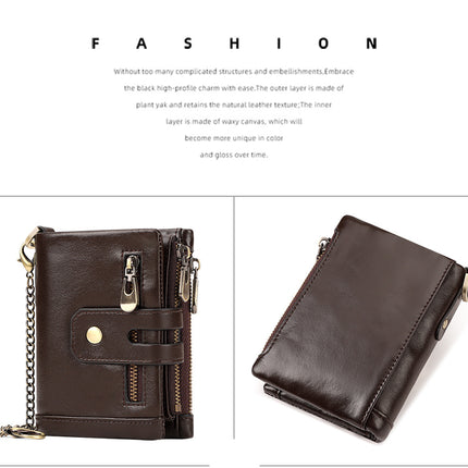 Coffee Genuine Leather Men's RFID Blocking Wallet - High Capacity Trifold with Zipper Coin Pocket
