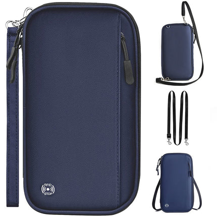 Dark blue RFID Blocking Travel Wallet - Multi-functional Large Capacity Passport Holder & Card Organizer with Adjustable Strap for Men & Women