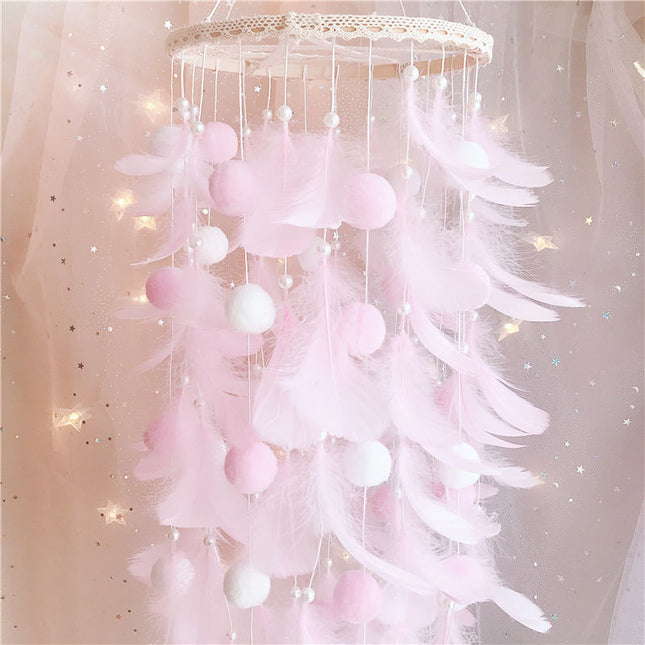 Pink Boho Pom Pom Feather Dreamcatcher