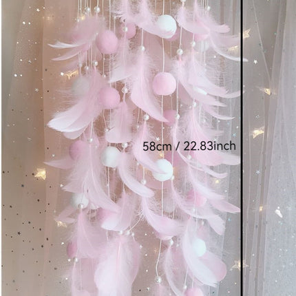 White Boho Pom Pom Feather Dreamcatcher - Whimsical Hanging Mobile for Girls Bedroom & Nursery Decor