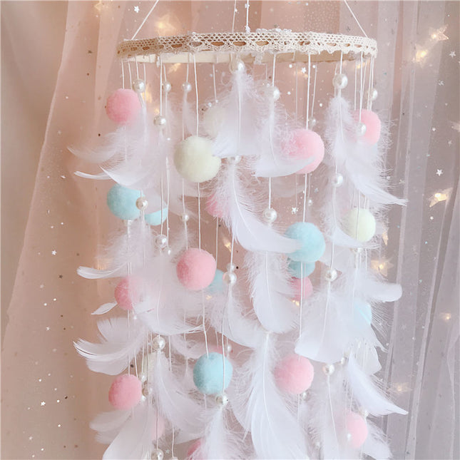 Colorful Boho Pom Pom Feather Dreamcatcher