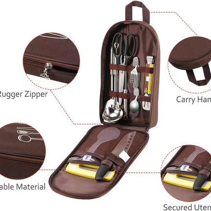 Khaki Portable Camping Kitchen Utensil Organizer - Travel Cookware Storage Bag for BBQ & Picnics