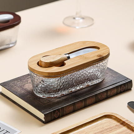 Natural wood color - stripes Elegant Glass Butter Dish with Wooden Lid & Matching Spreader - Sealed Butter Keeper for Freshness