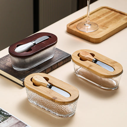 Brown - stripes Elegant Glass Butter Dish with Wooden Lid & Matching Spreader - Sealed Butter Keeper for Freshness