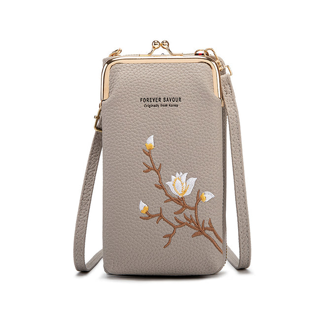 Grey Chic Embroidered Crossbody Phone Wallet