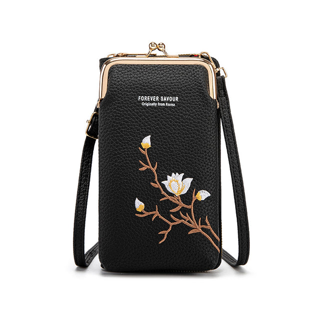 Black Chic Embroidered Crossbody Phone Wallet