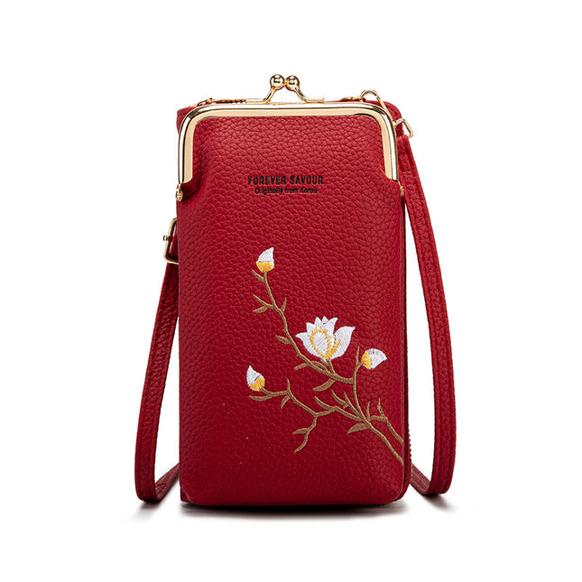 Red Chic Embroidered Crossbody Phone Wallet