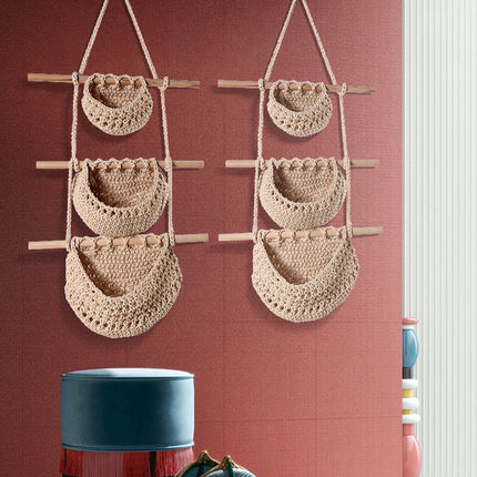 Three-layer hemp rope style Bohemian Hanging Fruit Basket – Wall-Mounted Woven Storage Net Pocket for Kitchen & Home Decor