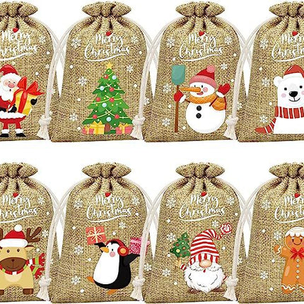 Brown Christmas Gift Drawstring Bags Set - Festive Burlap Style Pouches for Candy & Apples - Holiday Decoration - 10 Pcs