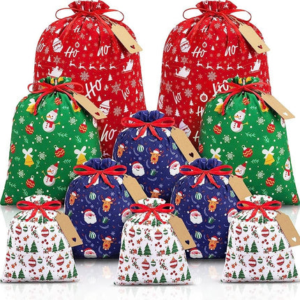 Brown Christmas Gift Drawstring Bags Set - Festive Burlap Style Pouches for Candy & Apples - Holiday Decoration - 10 Pcs