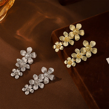 Gold Textured Cascading Floral Statement Drop Earrings for Women