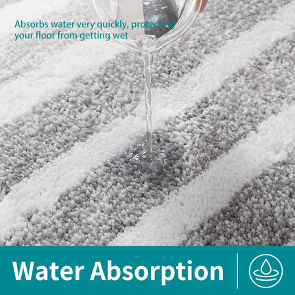 Grey Plush Striped Bath Mat - Ultra Soft, Absorbent & Non-Slip Bathroom Rug for Shower and Tub