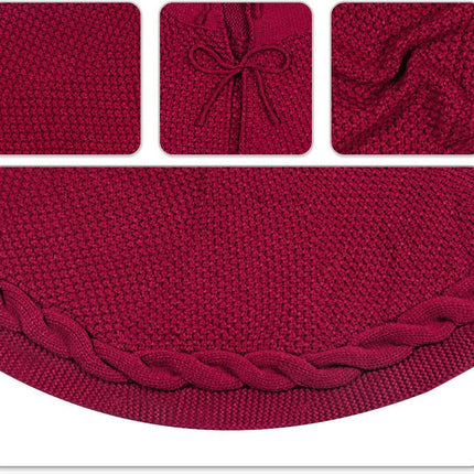 Red Luxury Knit Christmas Tree Skirt with Cable-Knit Border - Rustic Holiday Decor(122cm)