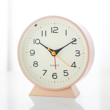 Pink Minimalist Silent Alarm Clock with Night Light - Non-Ticking Analogue Bedside & Desk Clock