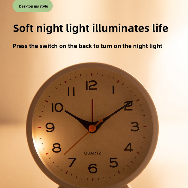 Pink Minimalist Silent Alarm Clock with Night Light - Non-Ticking Analogue Bedside & Desk Clock