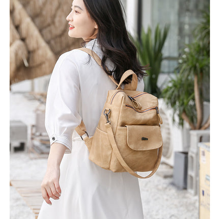 Stylish Women's PU Leather Backpack - Versatile Shoulder Bag with Multiple Pockets(Khaki)