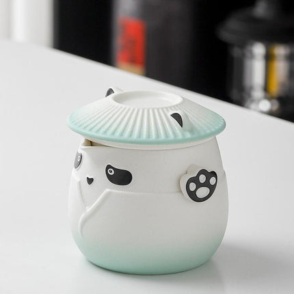 Adorable Panda Design Ceramic Tea Infuser Mug Set - 310ml Travel Crackle Glaze Cup with Lid & Strainer(green)