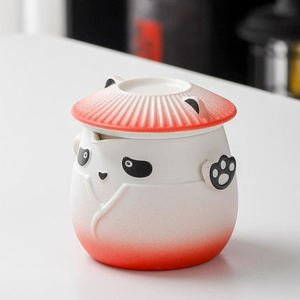 Adorable Panda Design Ceramic Tea Infuser Mug Set - 310ml Travel Crackle Glaze Cup with Lid & Strainer(red)