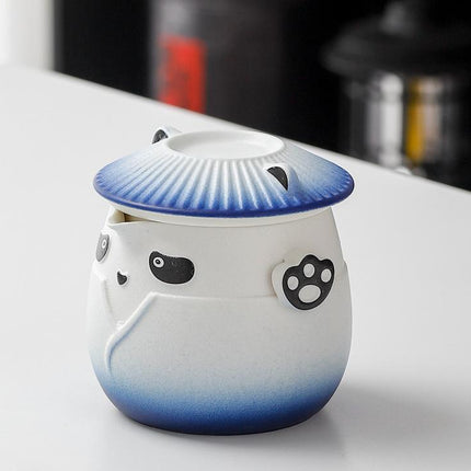 Adorable Panda Design Ceramic Tea Infuser Mug Set - 310ml Travel Crackle Glaze Cup with Lid & Strainer(blue)