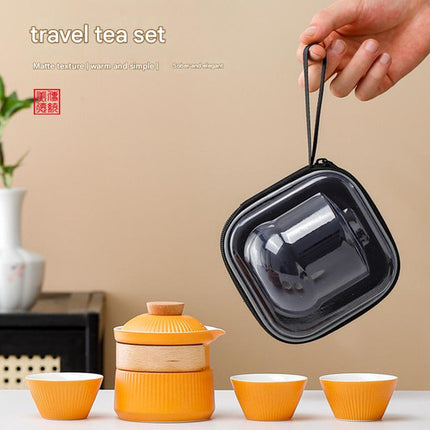 Portable Ceramic Travel Tea Set - One Pot Three Cups with Carrying Case, Elegant Frosted Finish(black)