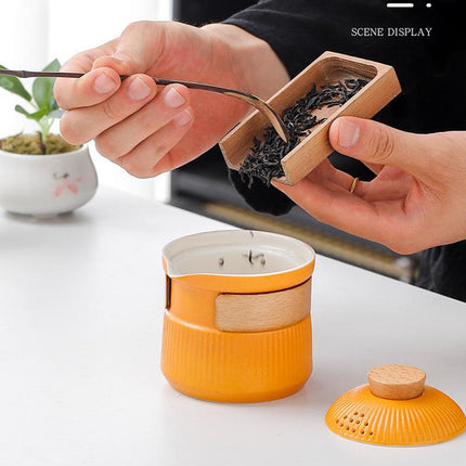 Portable Ceramic Travel Tea Set - One Pot Three Cups with Carrying Case, Elegant Frosted Finish(black)