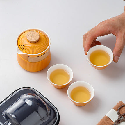 Portable Ceramic Travel Tea Set - One Pot Three Cups with Carrying Case, Elegant Frosted Finish(yellow)